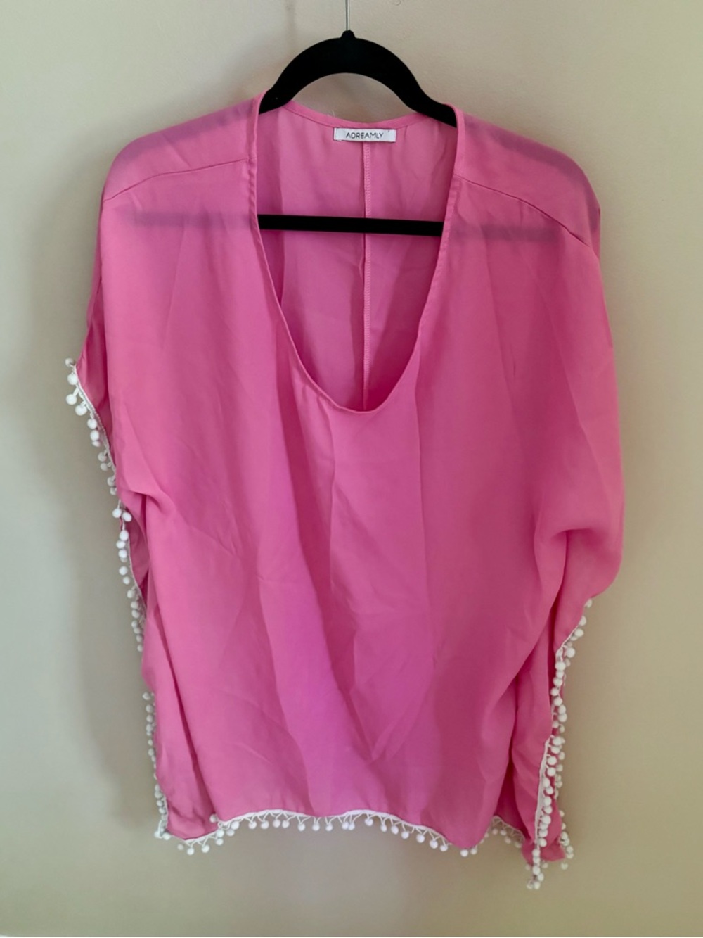 Pink Pom-Trim Women's V-Neck Tunic Top
